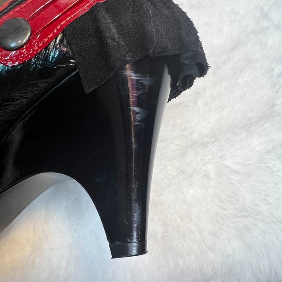 CHANII B Black Leather w Red Leopard Ruffle & Trim w Red Trim on Heels-38 - Picture 15 of 16